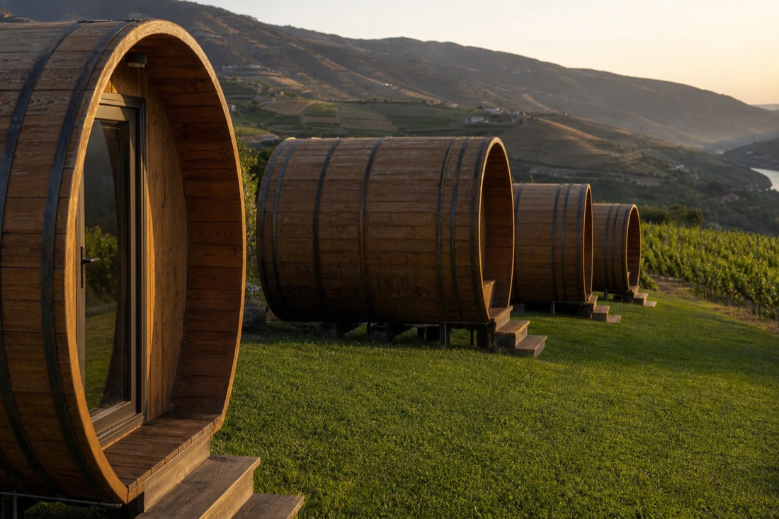 Giant wooden wine-barrel-shaped guest cabins arranged on a lawn beside vineyard rows in golden evening light