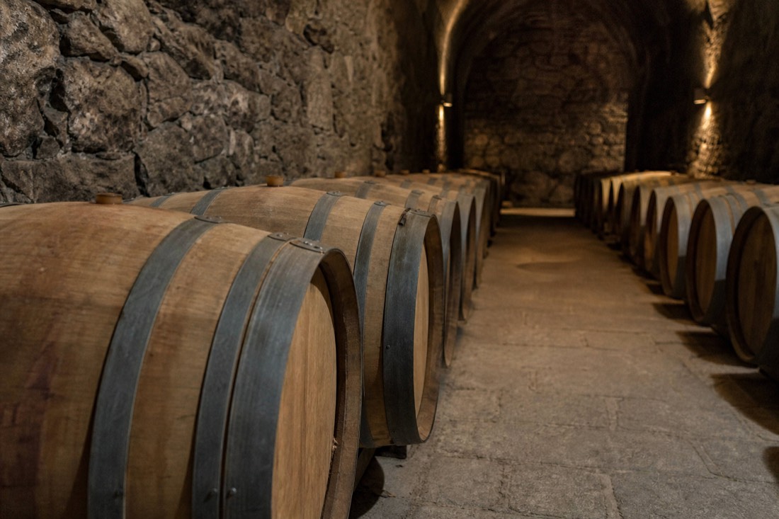 Rows of large oak aging barrels in a dim stone wine cellar at a Douro estate