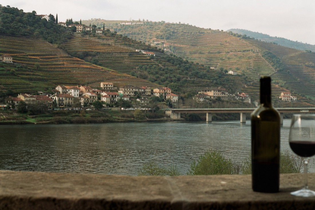View across the Douro river toward terraced vineyard hills near Regua and Lamego under soft light