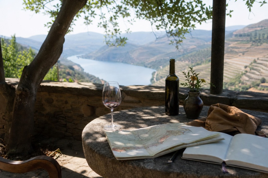 Terrace table with wine glasses overlooking Douro vineyard terraces in soft morning light