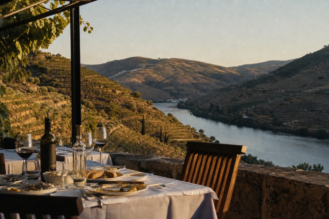 Terrace table set for a meal overlooking Douro vineyard terraces at golden hour