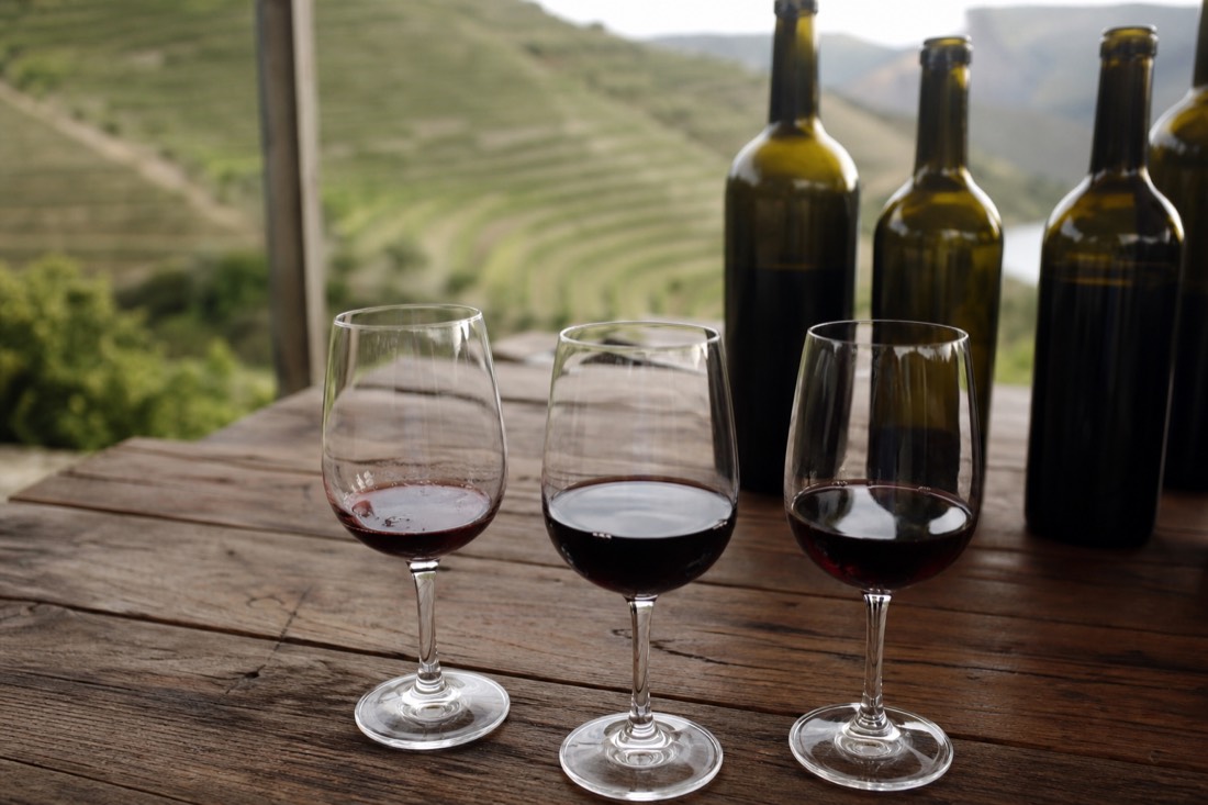Tasting glasses of port and red Douro wine set on a table with vineyard terraces beyond