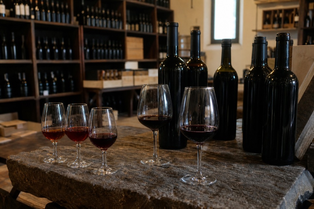Tasting glasses of port and Douro red arranged on a counter in a small wine shop, unlabeled bottles behind