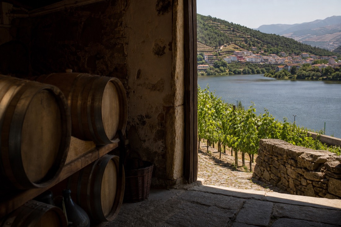 Historic wine lodge and vineyard terraces at the edge of a small Douro river town beside the water