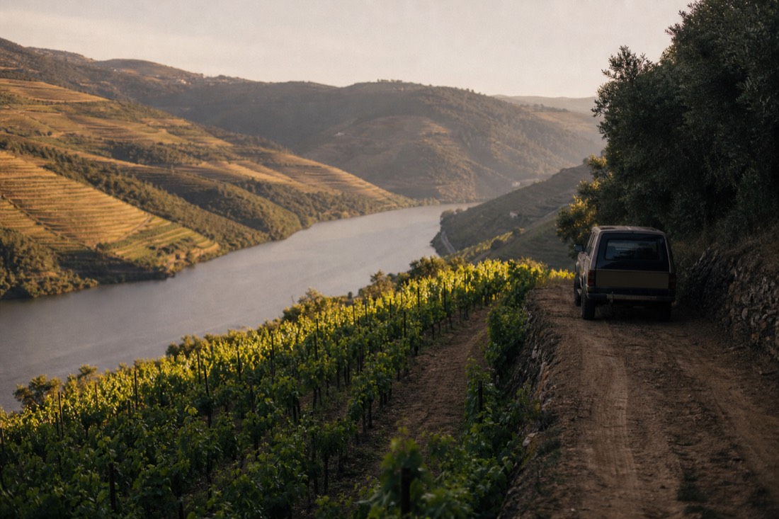 A small tour vehicle on a vineyard track above the river near a Douro estate at golden hour