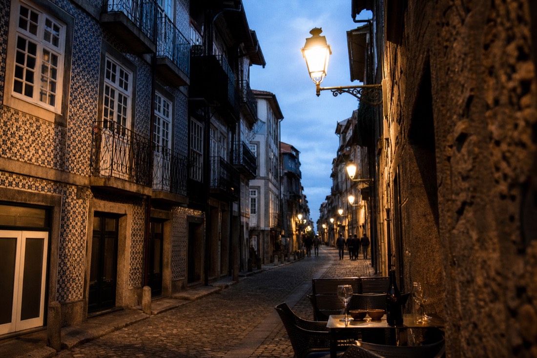 Narrow Porto street of tiled facades glowing in the evening, the walkable base most first trips want