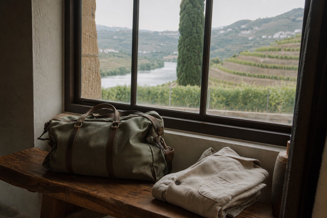 Packed weekend bag by a guesthouse window with vineyard terraces beyond, the one-night valley detour