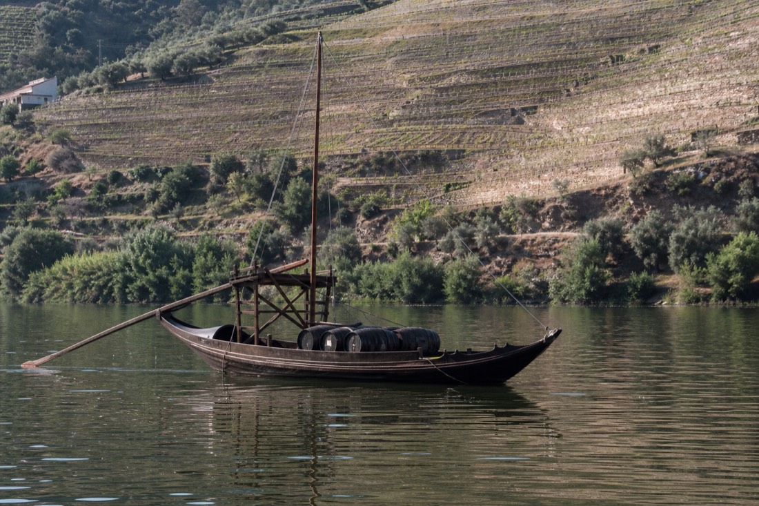 Traditional wooden rabelo boat crossing calm water below steep vineyard terraces