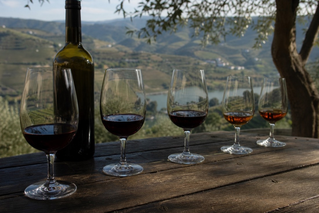 Glasses of red wine and port lined up on a wooden table overlooking terraced vineyards