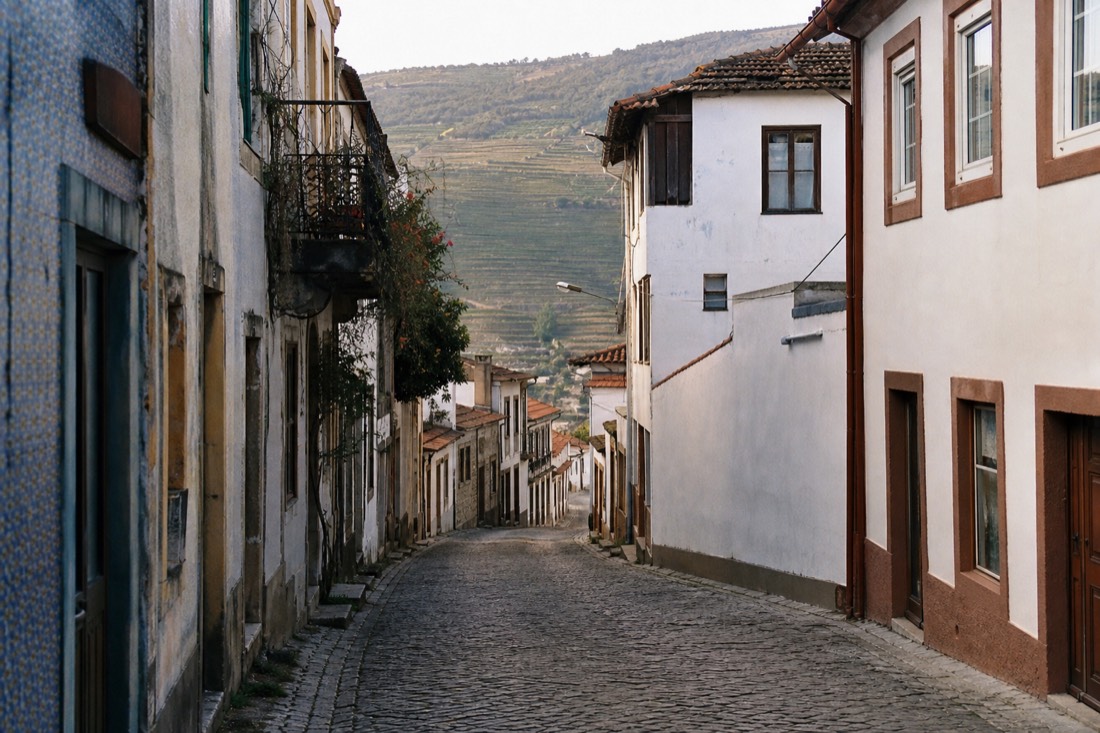 Narrow street of an old Douro town with tiled buildings and vineyard hills visible at the end