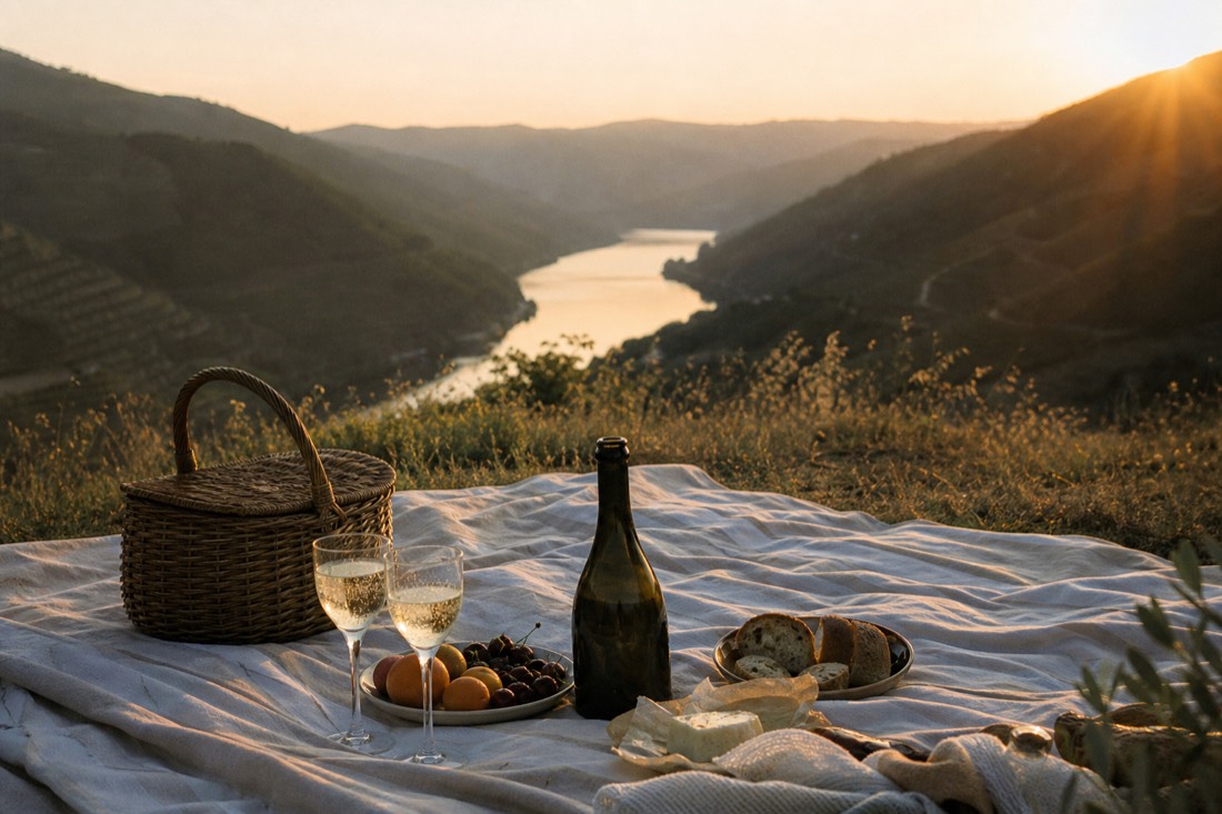 Picnic blanket with wine glasses set on a vineyard viewpoint above the Douro River at sunset